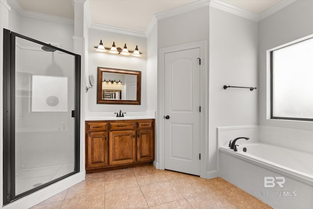 bathroom with vanity, tile patterned flooring, crown molding, and separate shower and tub