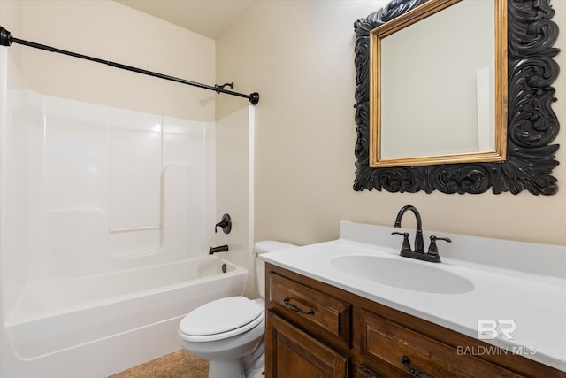 full bathroom with bathing tub / shower combination, vanity, and toilet