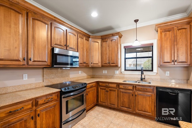 kitchen with light tile patterned flooring, appliances with stainless steel finishes, sink, crown molding, and light stone countertops