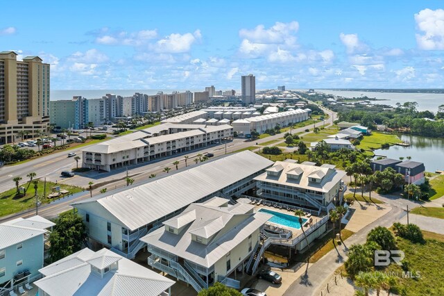 drone / aerial view featuring a water view