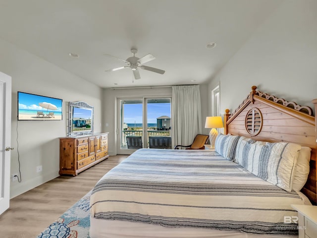 bedroom with access to exterior, light wood-type flooring, and ceiling fan