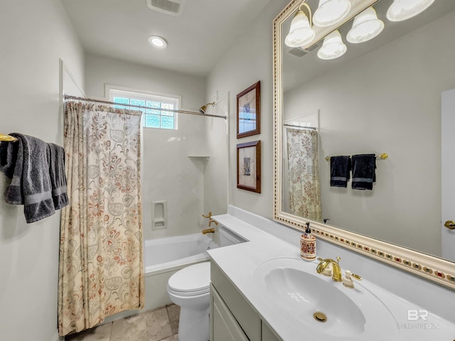 full bathroom featuring vanity, shower / tub combo, tile patterned flooring, and toilet