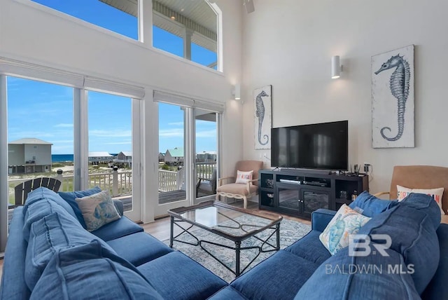 living room with light hardwood / wood-style floors and a water view