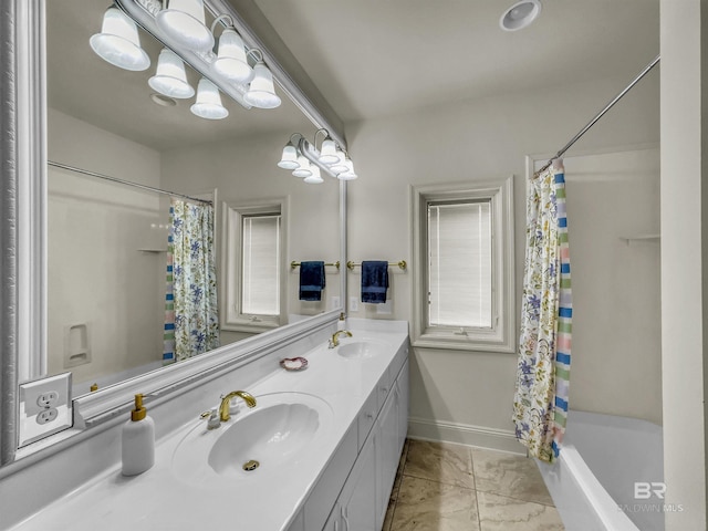 bathroom featuring dual vanity, tile patterned floors, and shower / bath combination with curtain