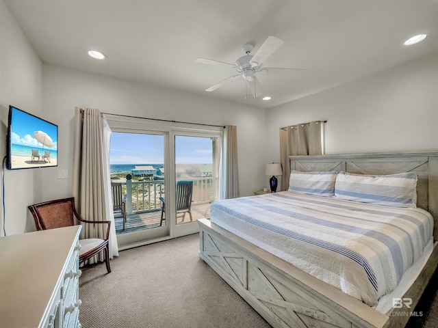 carpeted bedroom with access to outside and ceiling fan