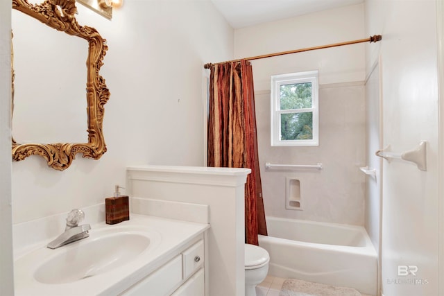 full bathroom with shower / tub combo with curtain, vanity, toilet, and tile patterned flooring