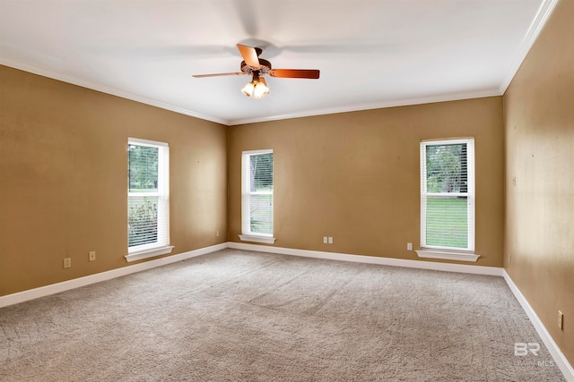 carpeted spare room featuring ornamental molding and ceiling fan