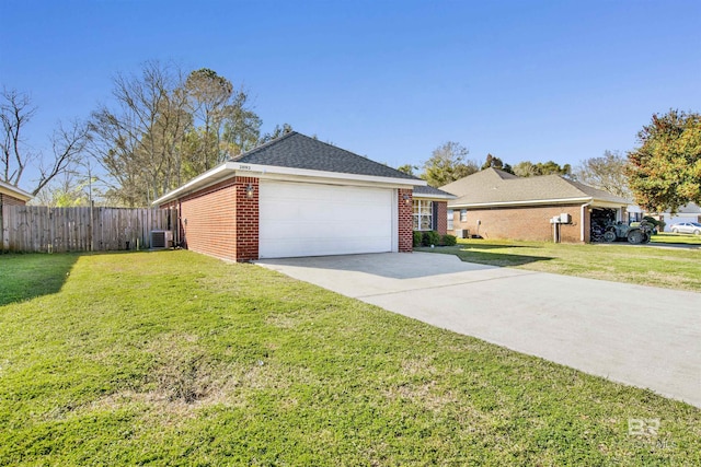 view of property exterior featuring central air condition unit, brick siding, fence, driveway, and a lawn