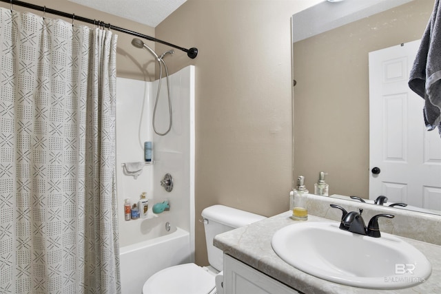 bathroom featuring toilet, shower / bathtub combination with curtain, and vanity