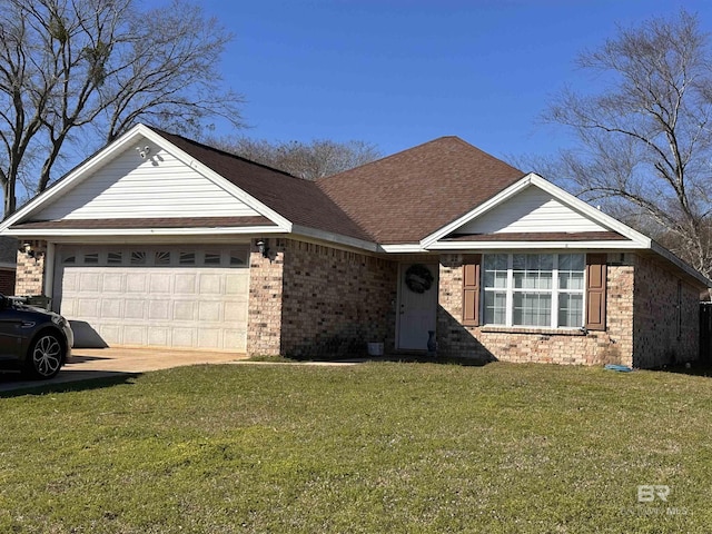 ranch-style house featuring a garage, a front lawn, and brick siding