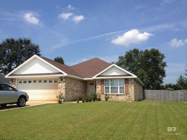 ranch-style home featuring a garage, a front yard, concrete driveway, and fence