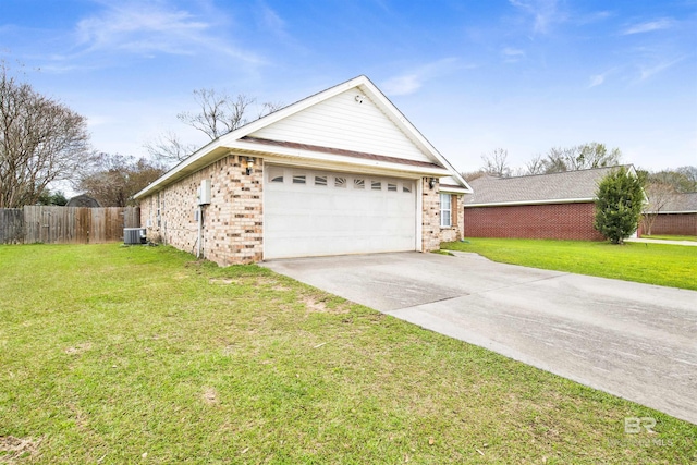 view of home's exterior featuring fence, concrete driveway, a garage, central air condition unit, and a lawn