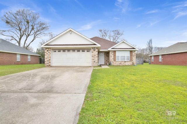 single story home with a front lawn, driveway, roof with shingles, an attached garage, and brick siding