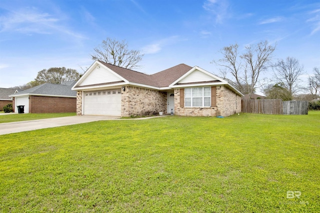 single story home with an attached garage, concrete driveway, a front lawn, and fence