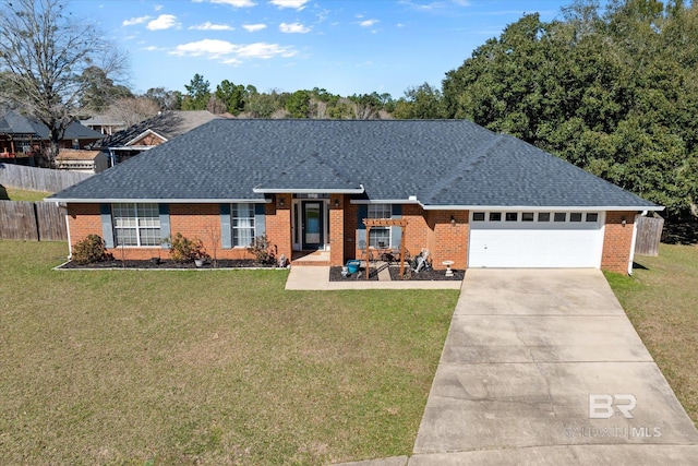 ranch-style house featuring a front yard, an attached garage, fence, and brick siding