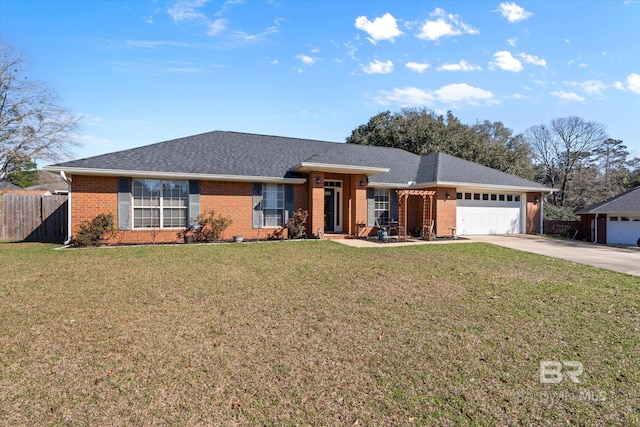 ranch-style home featuring fence, driveway, a front lawn, a garage, and brick siding