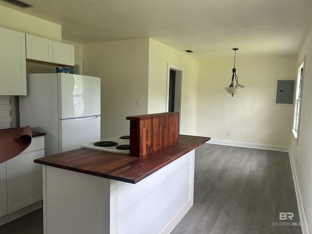 kitchen featuring wooden counters, white appliances, electric panel, dark wood-type flooring, and white cabinets
