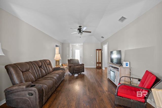 129 Oakwood Ave, Fairhope, AL 36532 - living room featuring lofted ceiling, dark wood-style flooring, ceiling fan, and baseboards