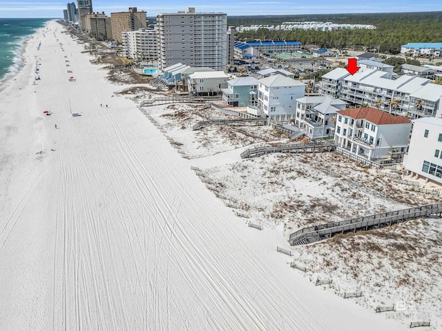 aerial view featuring a beach view and a water view