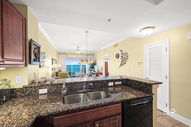 kitchen featuring crown molding, dark stone counters, black dishwasher, and a sink