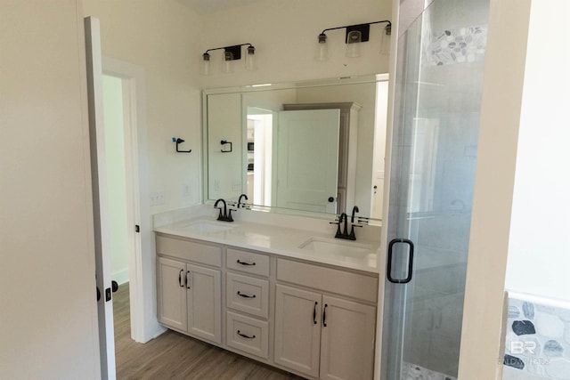 bathroom with walk in shower, vanity, and hardwood / wood-style flooring