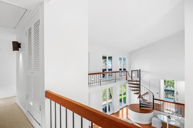 corridor with attic access, baseboards, a high ceiling, carpet flooring, and an upstairs landing