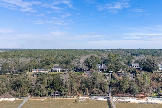 bird's eye view with a water view and a forest view