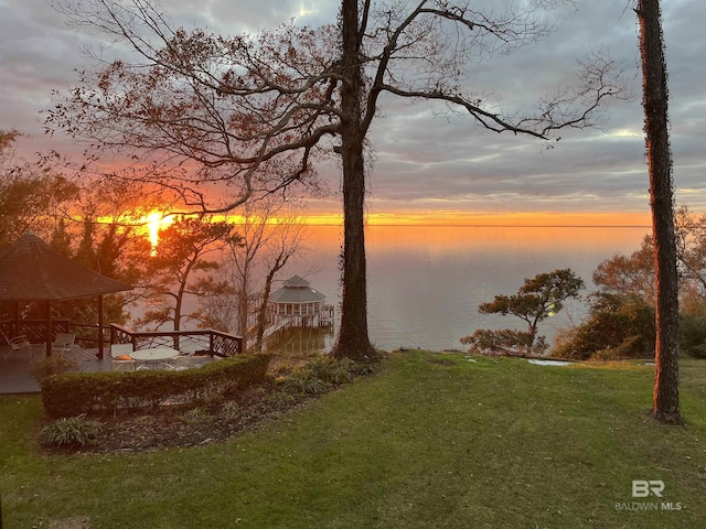 property view of water featuring a gazebo