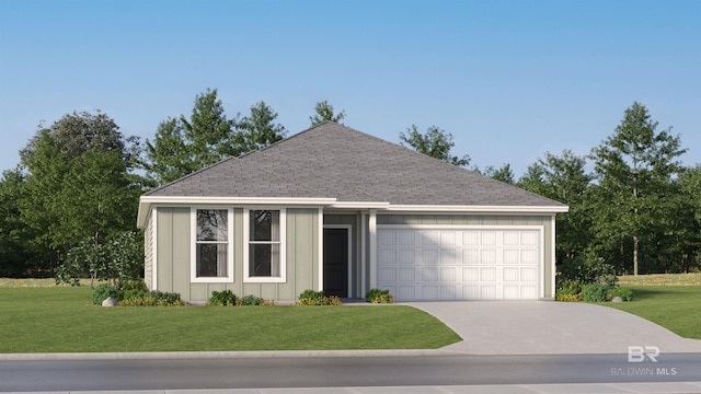 ranch-style house featuring roof with shingles, concrete driveway, a garage, and a front yard