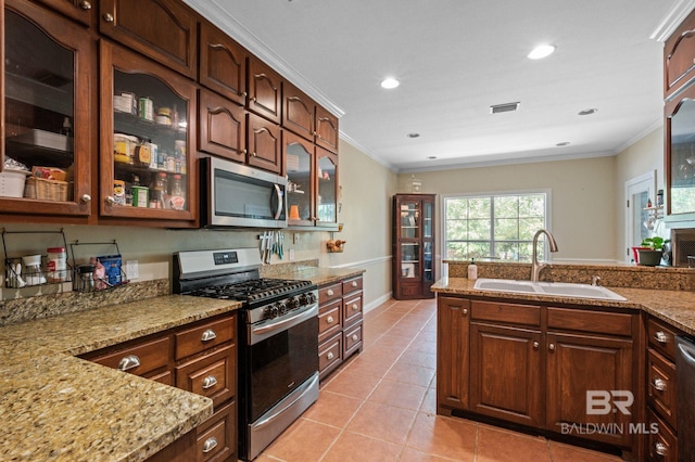 kitchen featuring light stone countertops, appliances with stainless steel finishes, sink, and ornamental molding