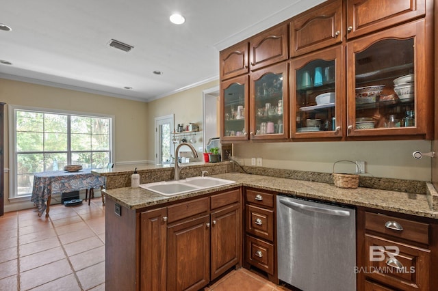 kitchen featuring kitchen peninsula, light stone counters, stainless steel dishwasher, ornamental molding, and sink