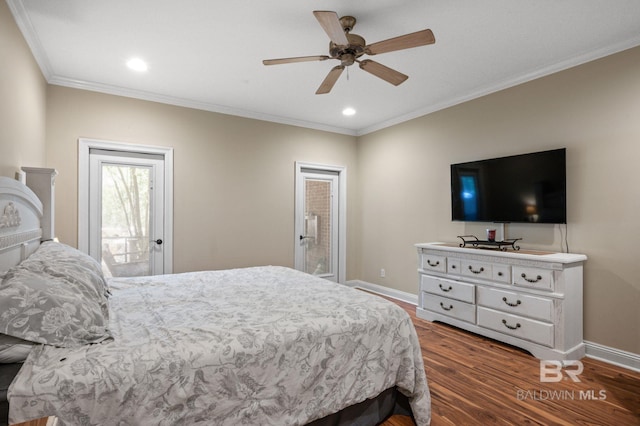 bedroom featuring ceiling fan, crown molding, access to outside, and dark hardwood / wood-style floors