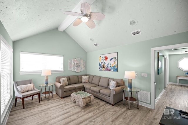 living room with visible vents, wood finished floors, and vaulted ceiling with beams