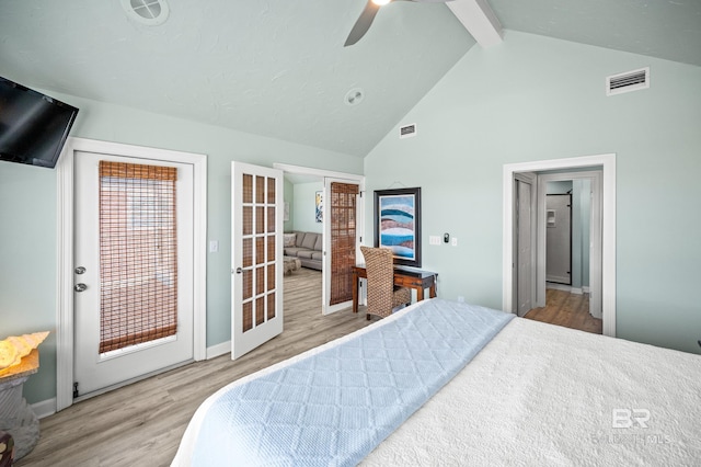 bedroom featuring visible vents, beamed ceiling, french doors, and wood finished floors