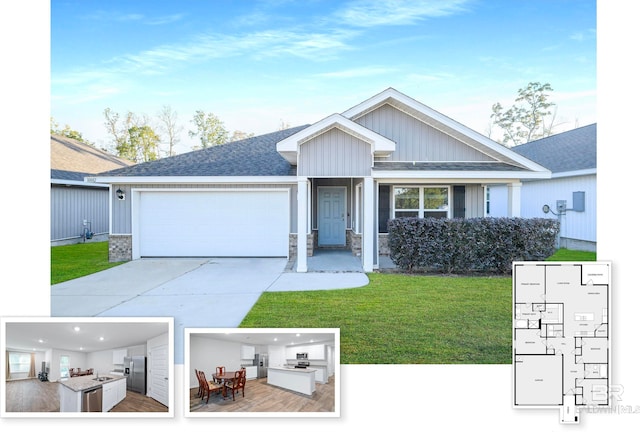 view of front of house featuring a front yard and a garage