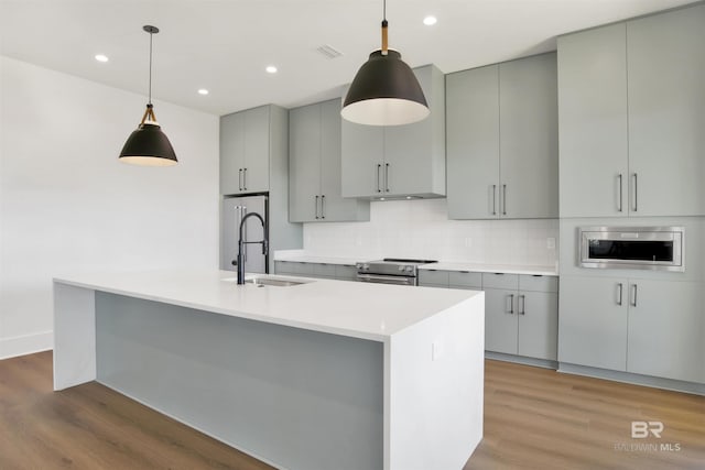 kitchen featuring light wood-style flooring, a sink, appliances with stainless steel finishes, and gray cabinets