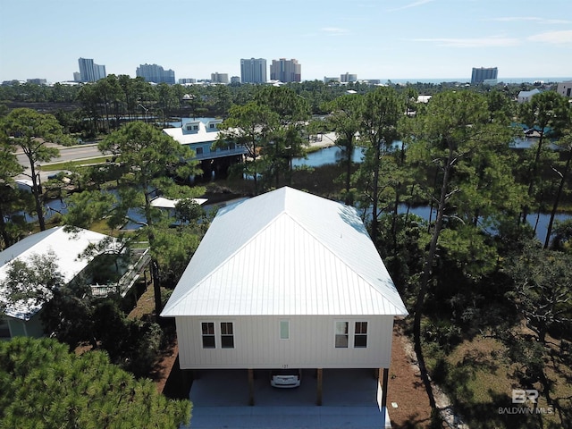 drone / aerial view featuring a water view