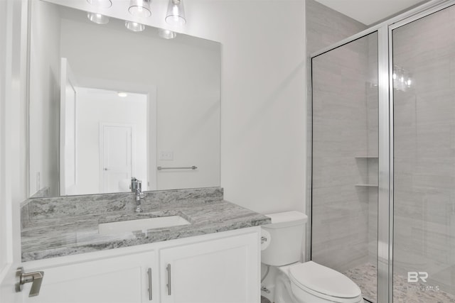 bathroom featuring vanity, a shower stall, and toilet