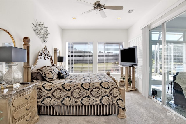 bedroom featuring light carpet, visible vents, ceiling fan, access to outside, and recessed lighting