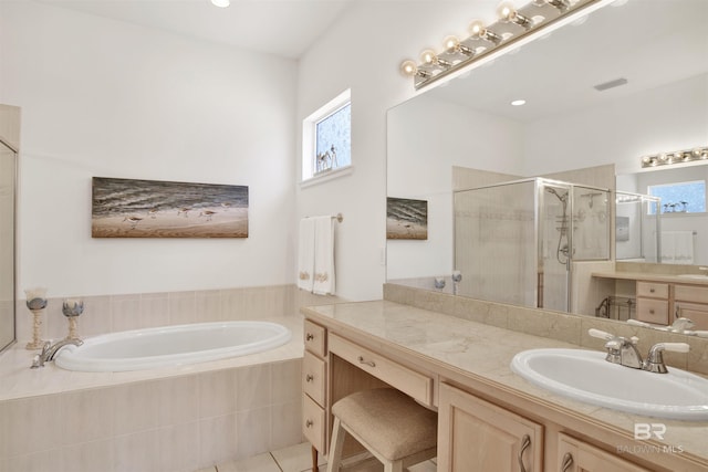 full bath with a stall shower, visible vents, a garden tub, and a wealth of natural light