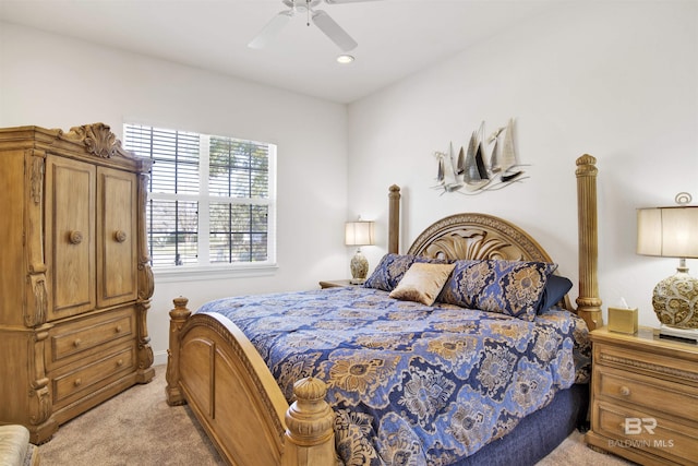 bedroom with recessed lighting, a ceiling fan, and light colored carpet