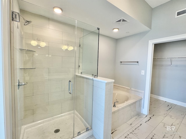 full bathroom with a bath, visible vents, marble finish floor, and a stall shower