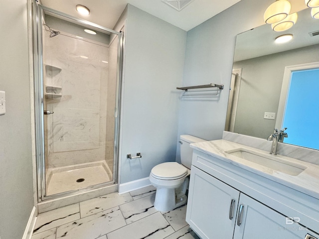 bathroom with visible vents, baseboards, toilet, a stall shower, and marble finish floor