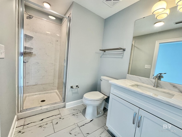 full bathroom with baseboards, visible vents, a shower stall, toilet, and marble finish floor