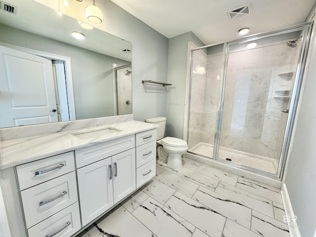 full bathroom featuring visible vents, marble finish floor, and a stall shower