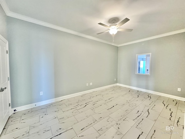 unfurnished room with baseboards, marble finish floor, and ceiling fan