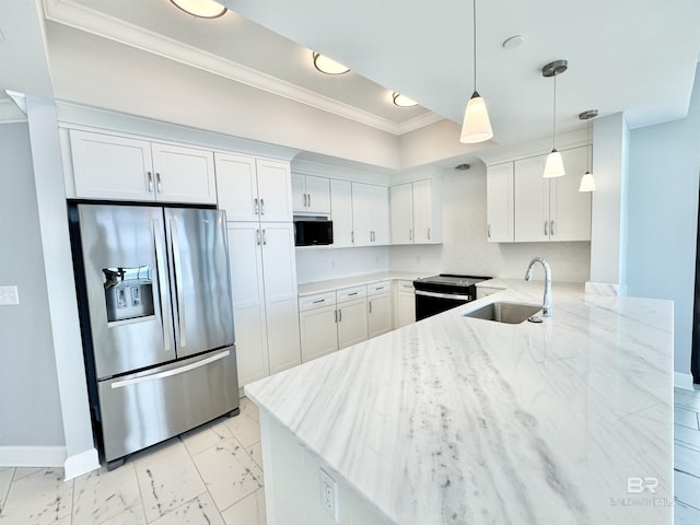 kitchen featuring range with electric cooktop, black microwave, stainless steel fridge, marble finish floor, and a sink