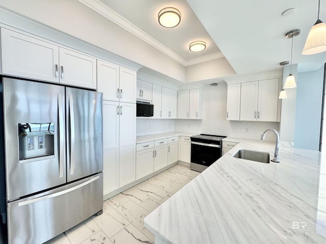 kitchen featuring a sink, marble finish floor, white cabinetry, and stainless steel appliances
