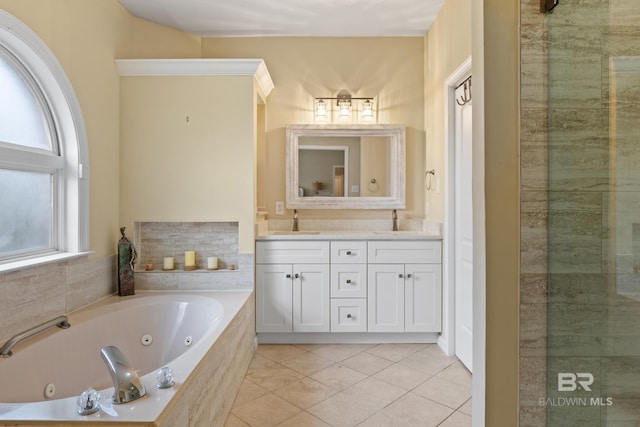 bathroom featuring tile patterned flooring, vanity, and plus walk in shower