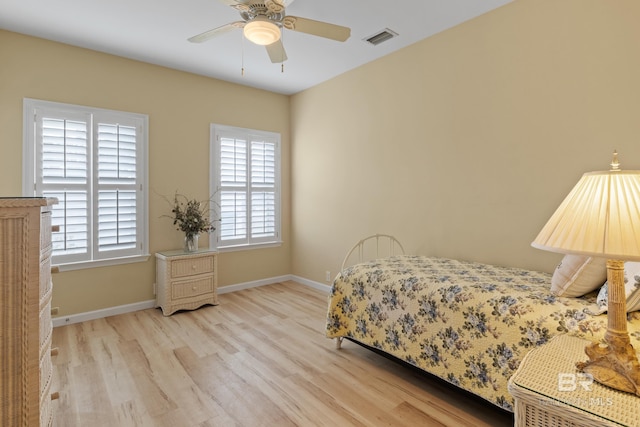 bedroom featuring light hardwood / wood-style flooring and ceiling fan